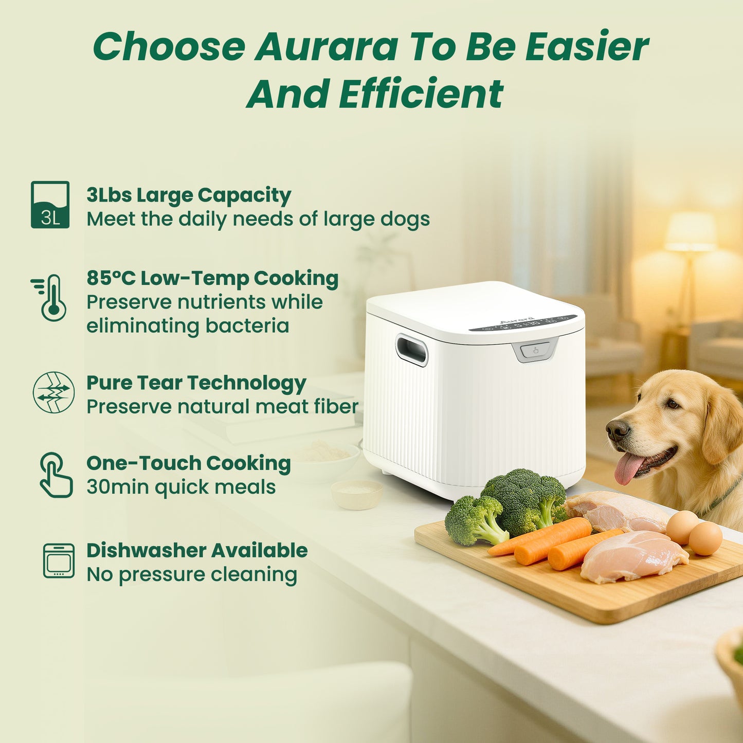 Aurara Pet Fresh Food Cooker 3LB Large Capacity Dog Food Maker for Dogs, Dishwasher Safe, White