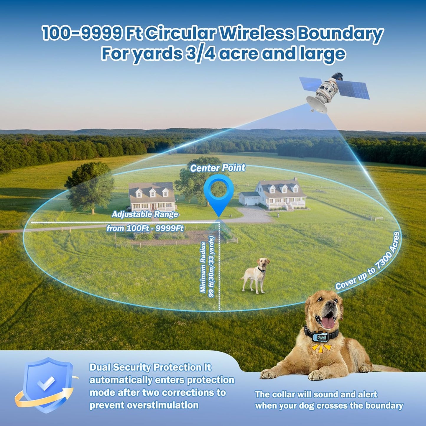 Pupkids GPS Wireless 9999ft Outdoor Dog Fence Training Collar with 8 Modes for Large Dogs