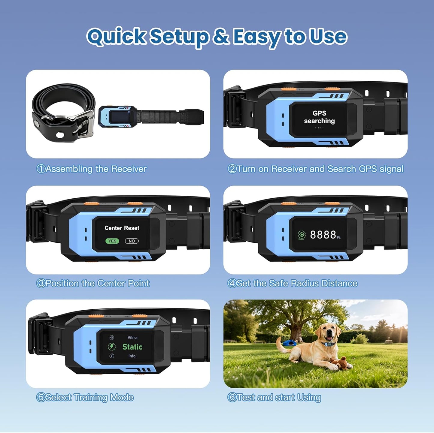 Pupkids GPS Wireless 9999ft Outdoor Dog Fence Training Collar with 8 Modes for Large Dogs